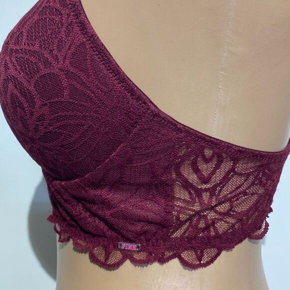 PINK Victoria's Secret Women's Maroon Racerback Date Lace Push Up Bra Size Small - Picture 2 of 12